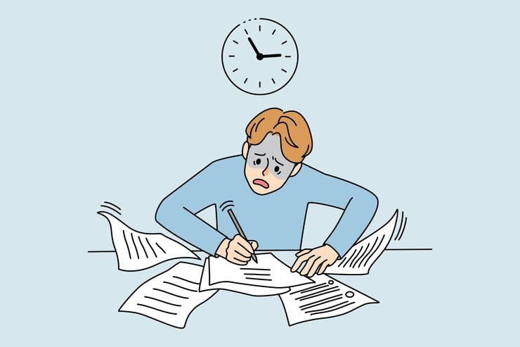 Overwhelmed medical student studying for FRACP exam with many papers and clock in background.