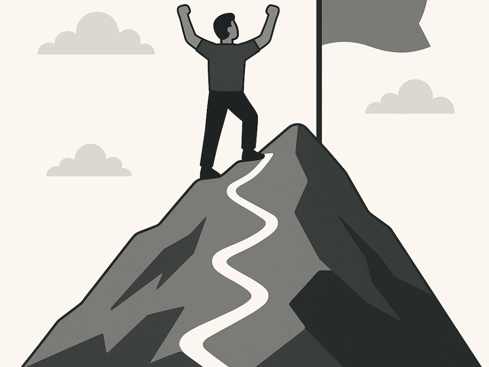 Climber reaching summit with flag, symbolizing success in FRACP exam preparation through Passfracp online question bank.