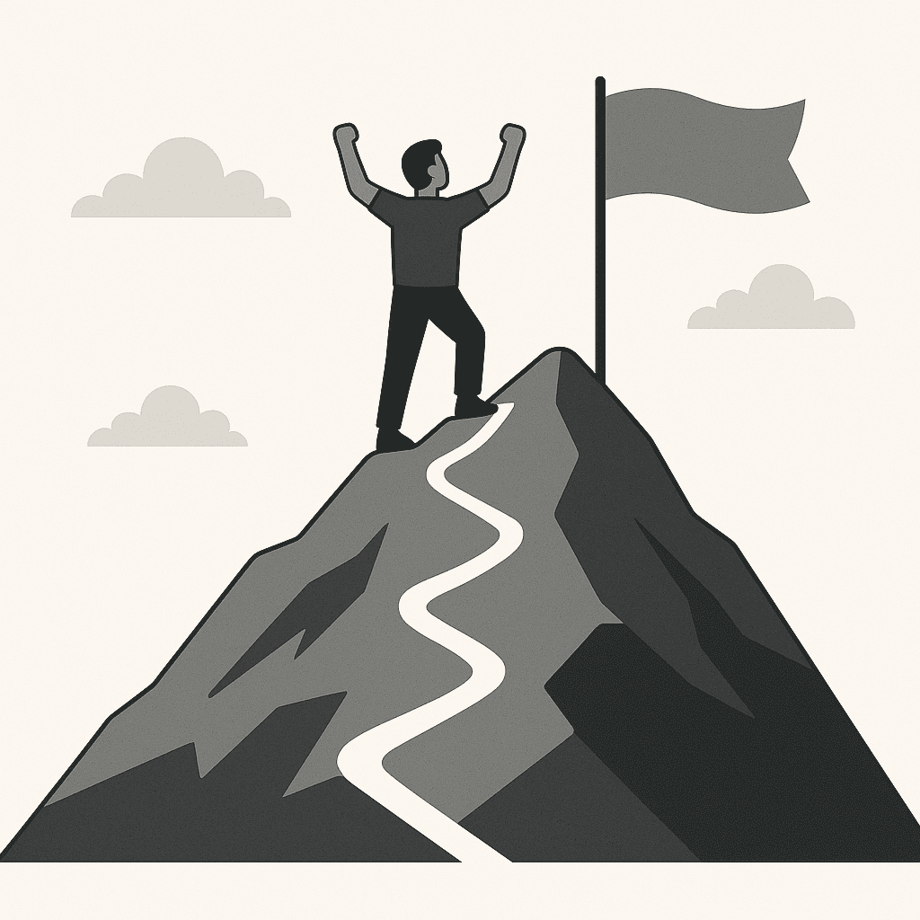 Climber reaching summit with flag, symbolizing success in FRACP exam preparation through Passfracp online question bank.